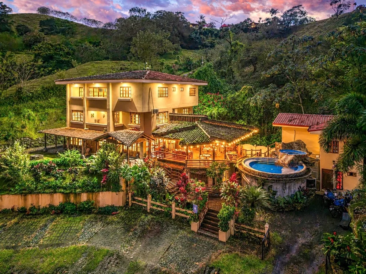 The Majestic Lodge at dusk in La Fortuna, Costa Rica