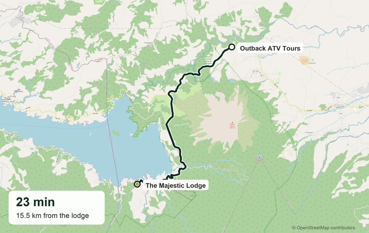 Driving route from The Majestic Lodge in El Castillo to ATV riding at Outback ATV Tours near La Fortuna — 23 minutes, 15.5 km