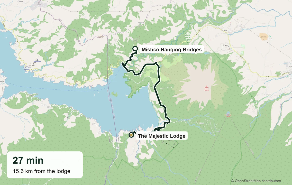 Driving route from The Majestic Lodge to Mistico Arenal Hanging Bridges — 27 minutes, 15.6 km