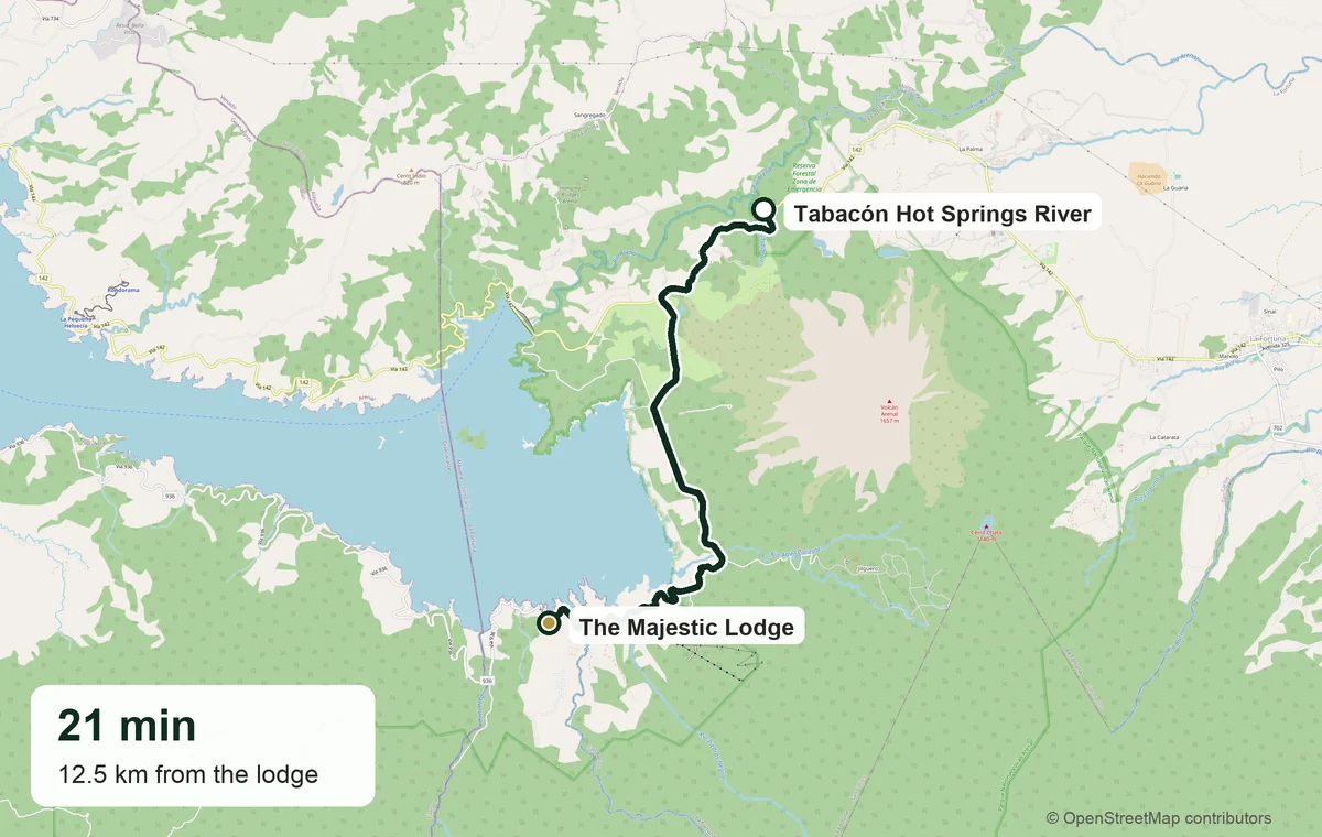 Driving route from The Majestic Lodge to the free hot springs river beside Tabacon — 21 minutes, 12.5 km