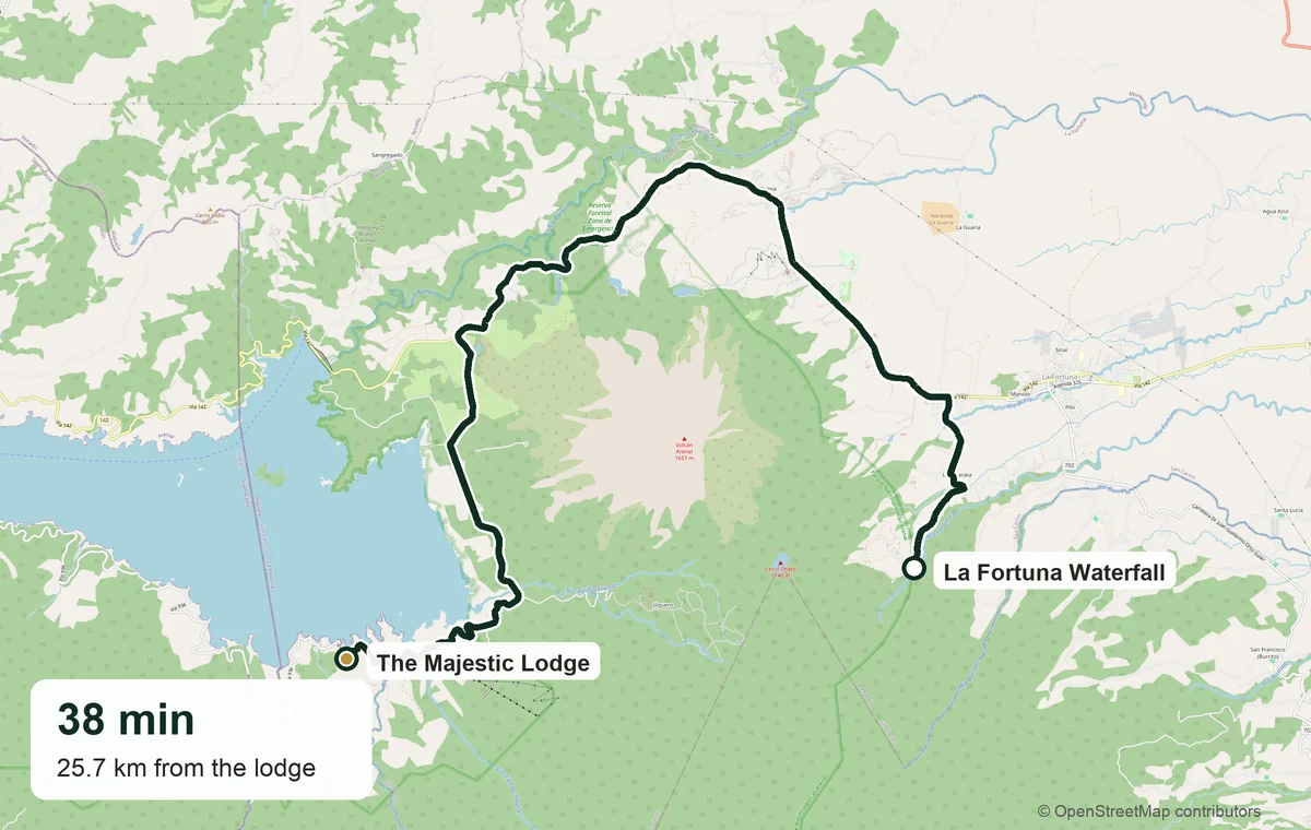 Driving route from The Majestic Lodge to the La Fortuna Waterfall — 38 minutes, 25.7 km