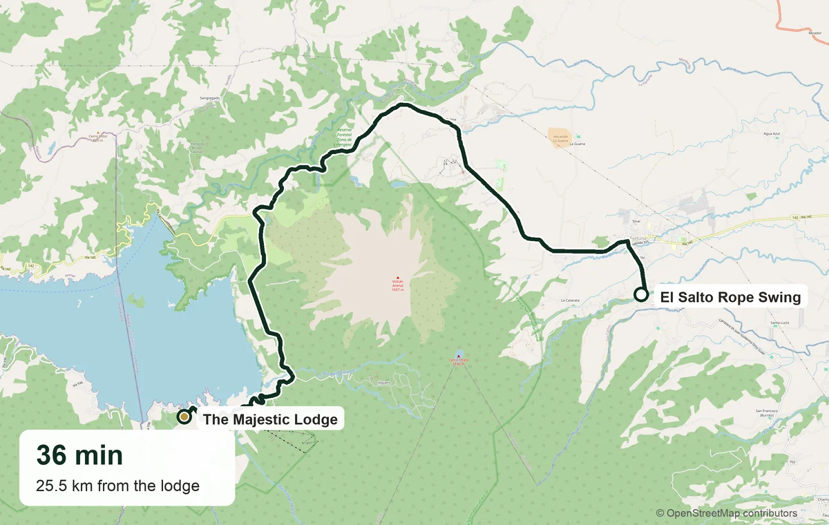 Driving route from The Majestic Lodge in El Castillo to the El Salto rope swing near La Fortuna — 36 minutes, 25.5 km