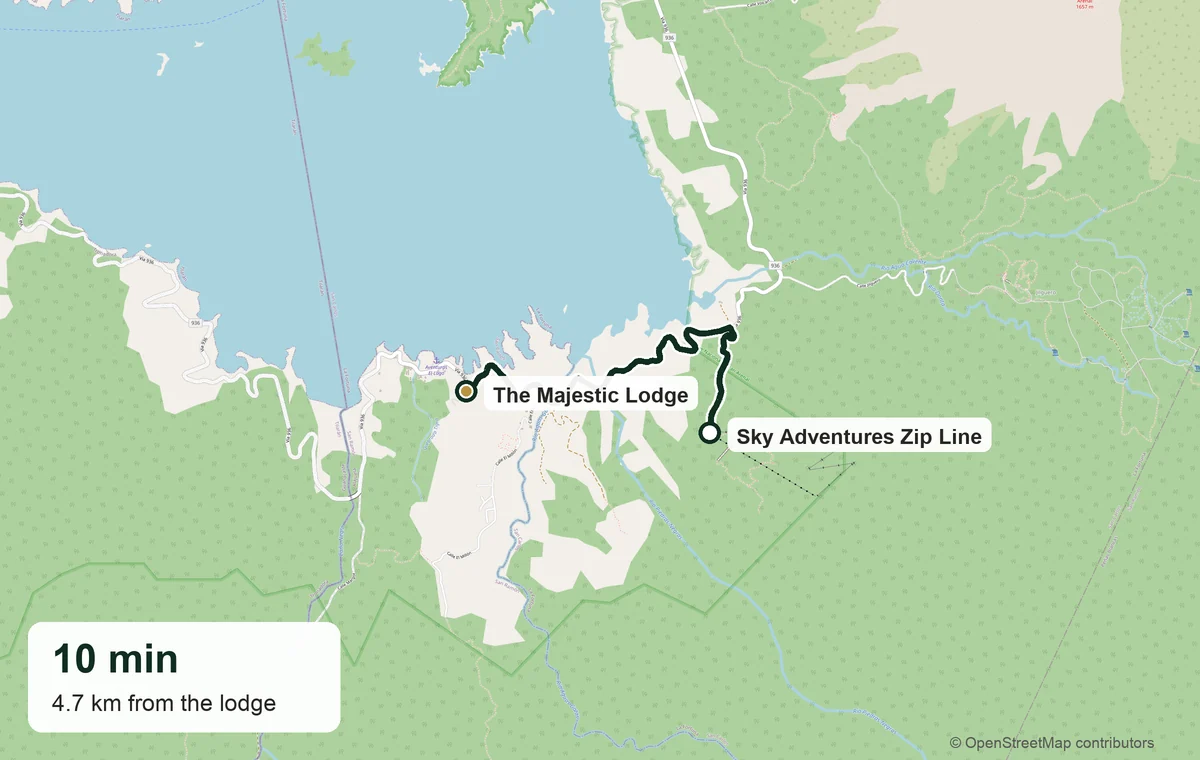Driving route from The Majestic Lodge to Sky Adventures zip line — 10 minutes, 4.7 km