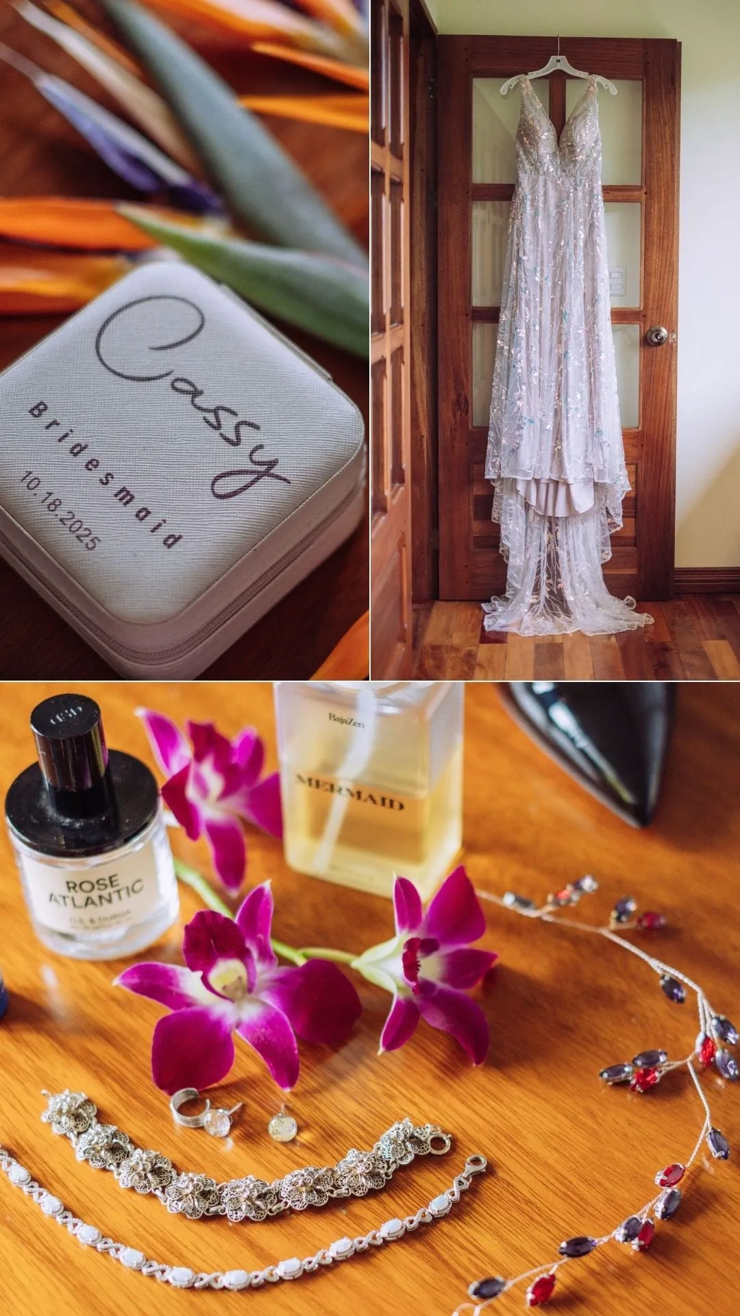 Bridal details at The Majestic Lodge — the wedding dress hanging in a hardwood doorway, a bridesmaid gift box, orchids and jewellery laid out on a wooden table
