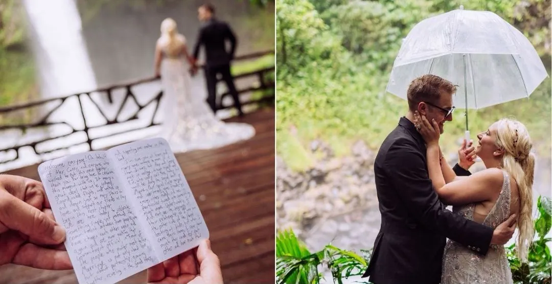 Wedding portraits of Cassandra and Alex at the La Fortuna Waterfall, Costa Rica