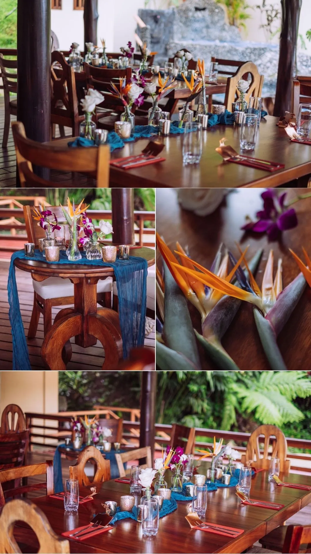 Wedding reception tables on the covered deck at The Majestic Lodge, La Fortuna — blue runners, birds of paradise and purple orchids on long wooden tables