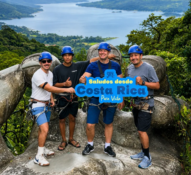A group at the Sky Adventures viewpoint above Lake Arenal.