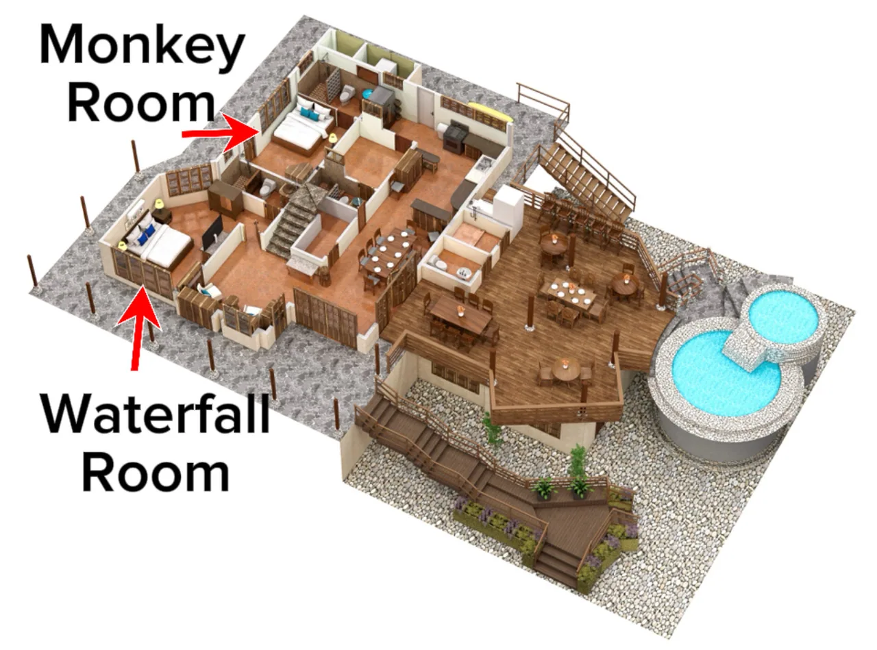 Majestic Lodge first floor plan — Waterfall Room and Monkey Room, with the kitchen, dining and the deck