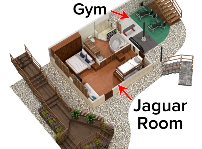 Majestic Lodge ground floor plan — Jaguar Room and the gym, entered from outside below the deck