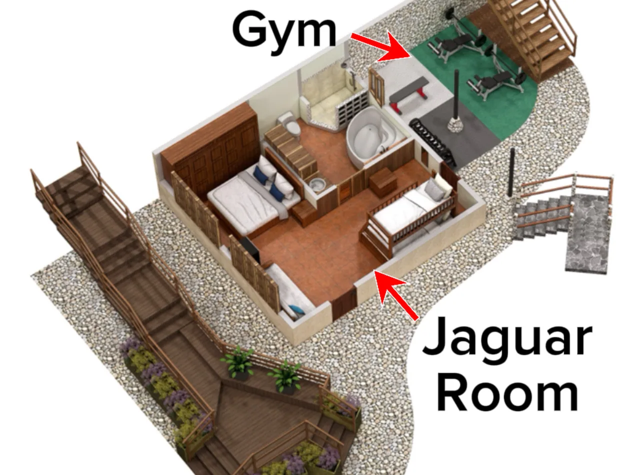 Majestic Lodge ground floor plan — Jaguar Room and the gym, entered from outside below the deck