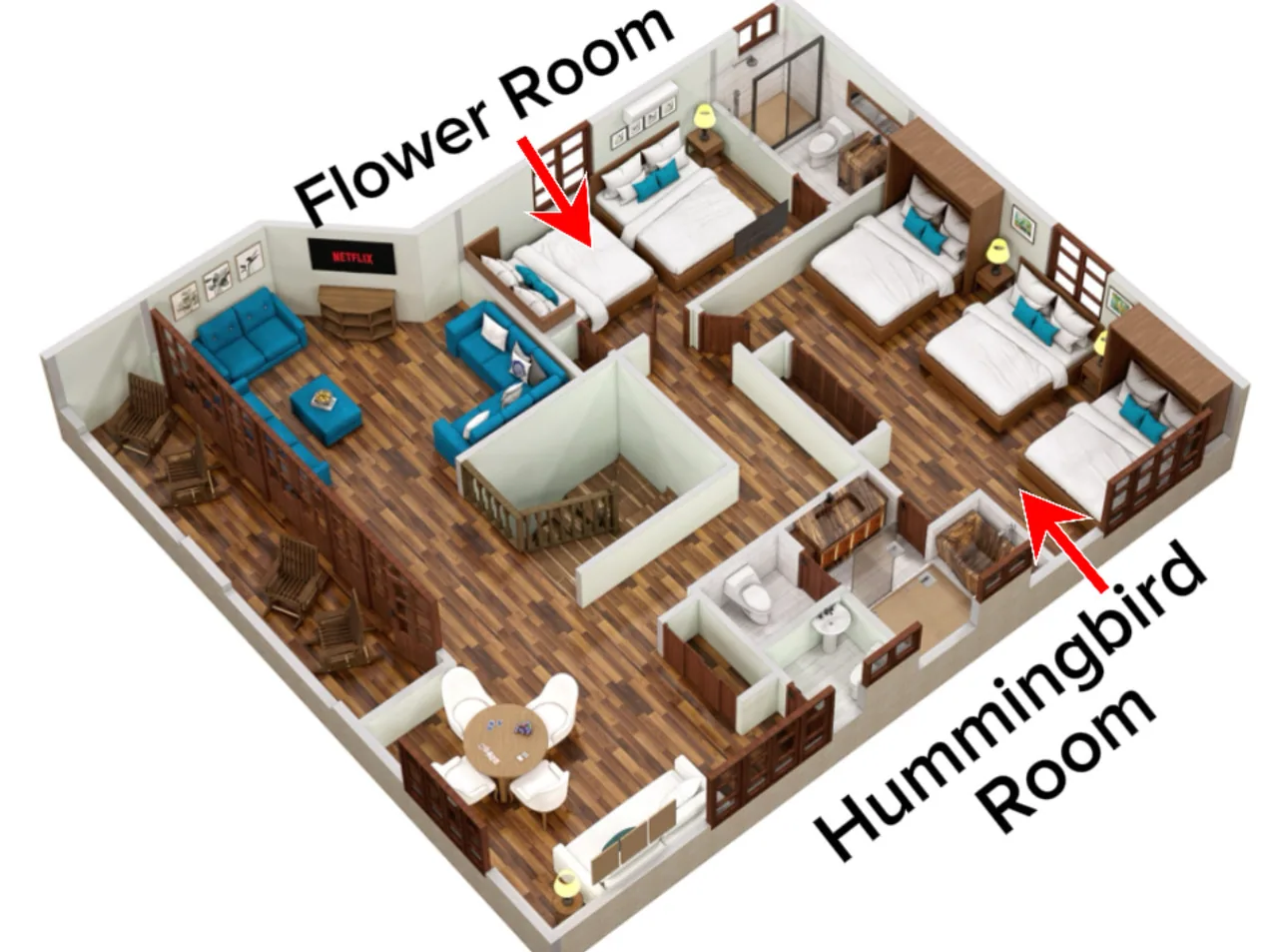 Majestic Lodge third floor plan — Flower Room, Hummingbird Room, the sitting areas and the massage room
