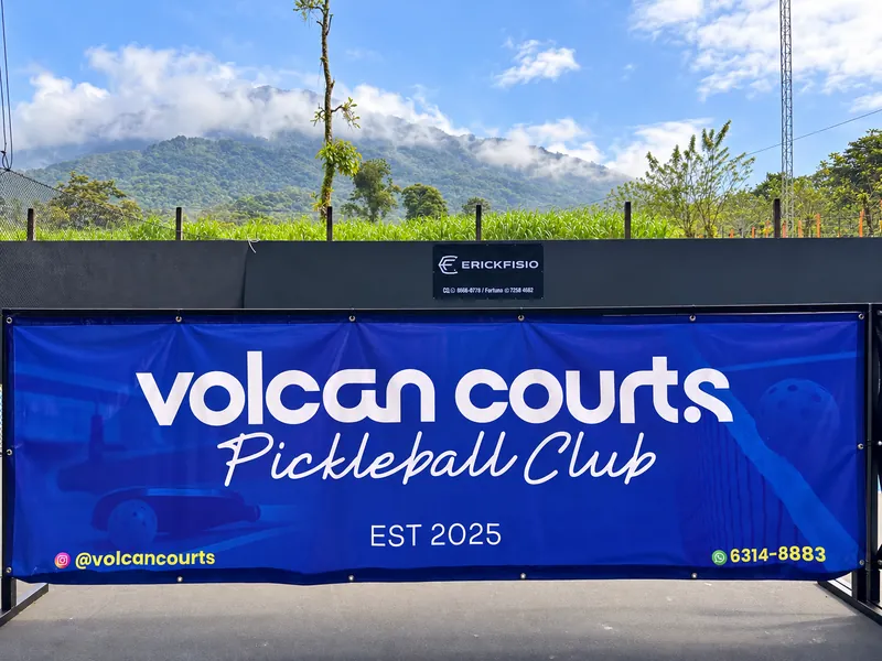 Volcan Courts Pickleball Club banner on the covered courts in La Fortuna, Costa Rica
