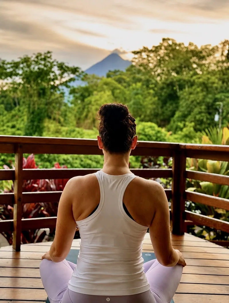 Morning meditation on the deck, facing Arenal Volcano