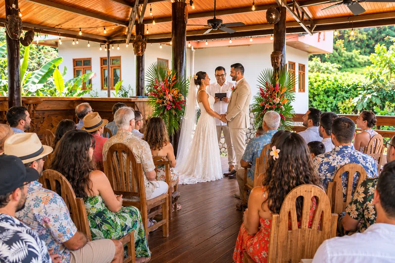 A ceremony on the covered deck at the lodge.
